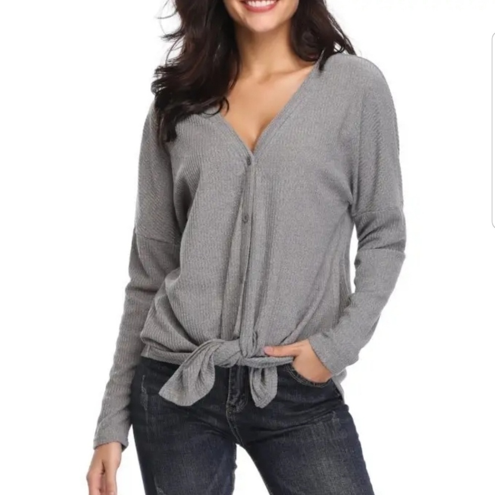 Grey Button-down V-neck Top